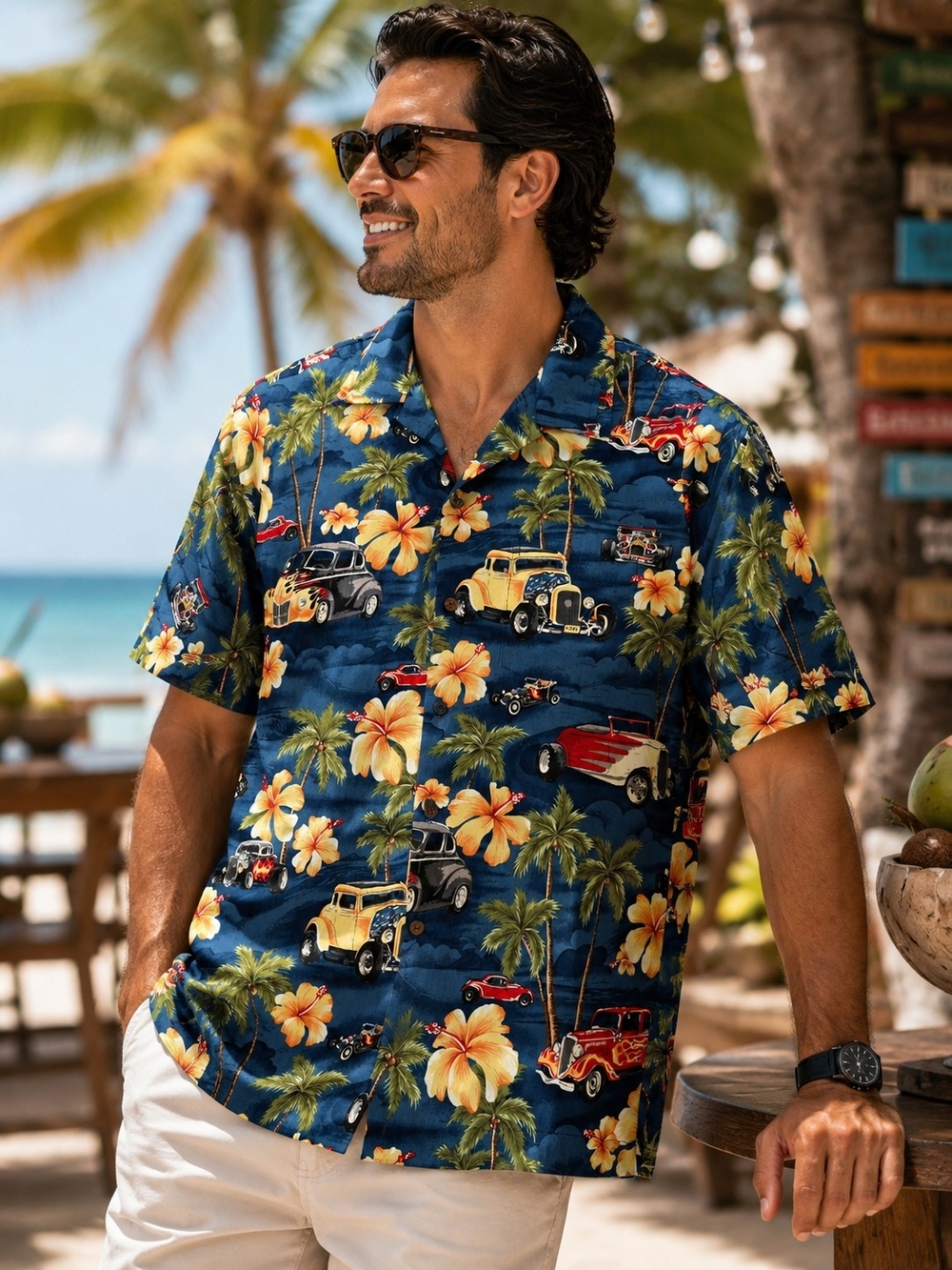 RJC Hawaiian Aloha‎ Shirt XL Hot Rod Car Print Made in Hawaii 100% Cotton